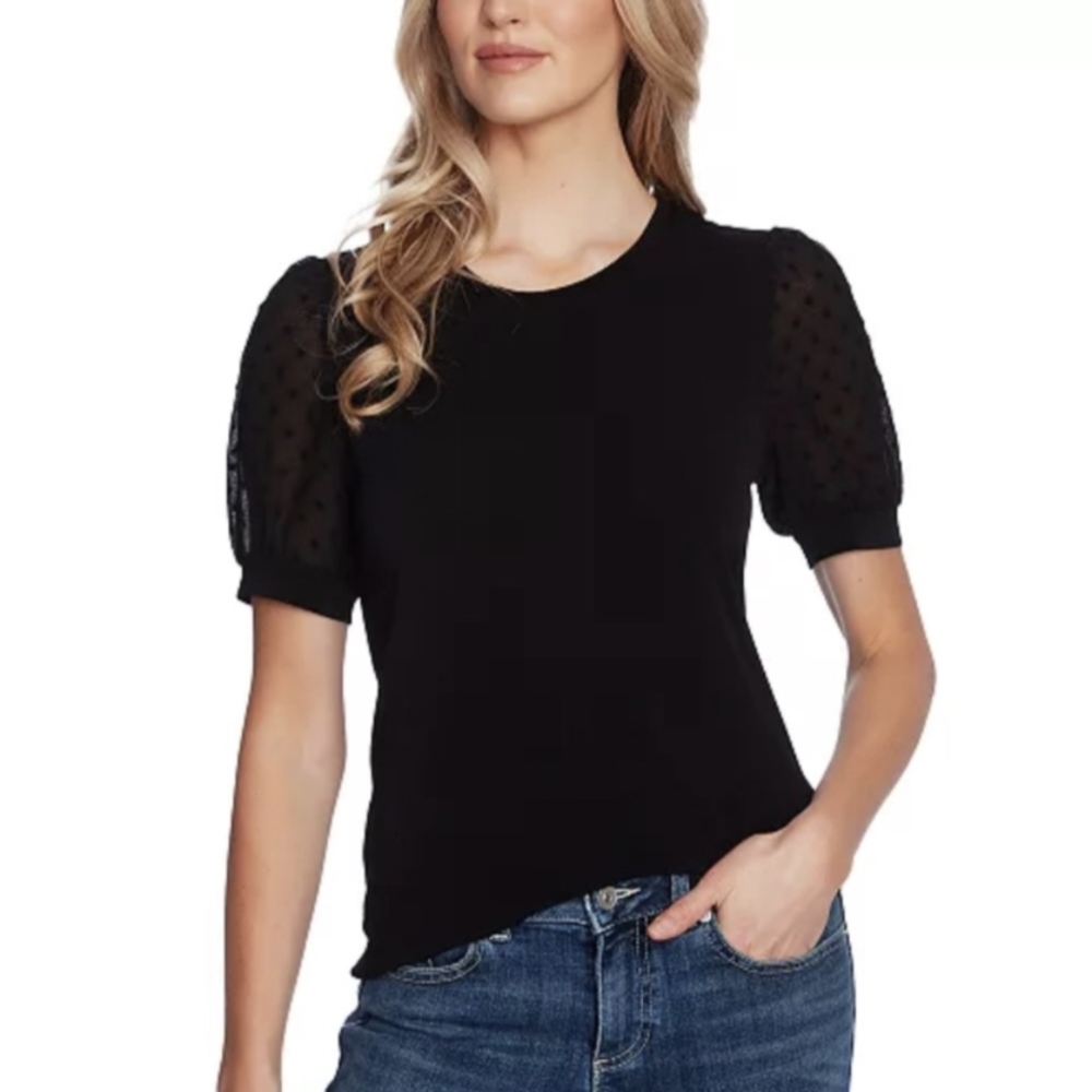 CeCe NWT Black Short Puff Sleeve Top Womens Size Large